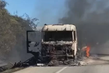 Motorista e esposa grávida saem ilesos após caminhão pegar fogo em Rodovia da Bahia