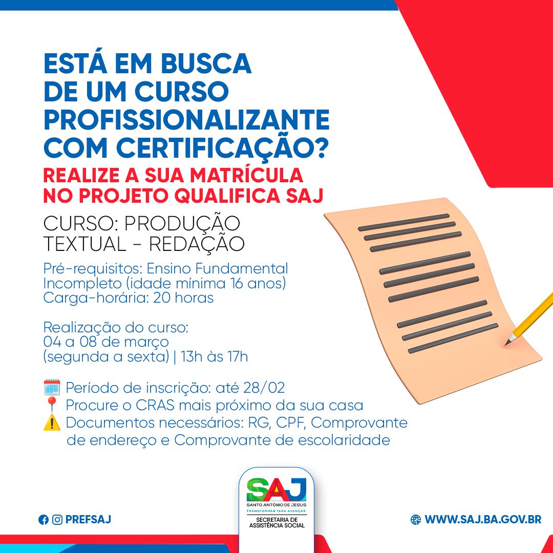 SAJ: Prefeitura, através da Secretaria de Assistência Social (SMAS), está oferecendo cursos profissionalizantes – Prefeitura de Santo Antônio de Jesus - BA