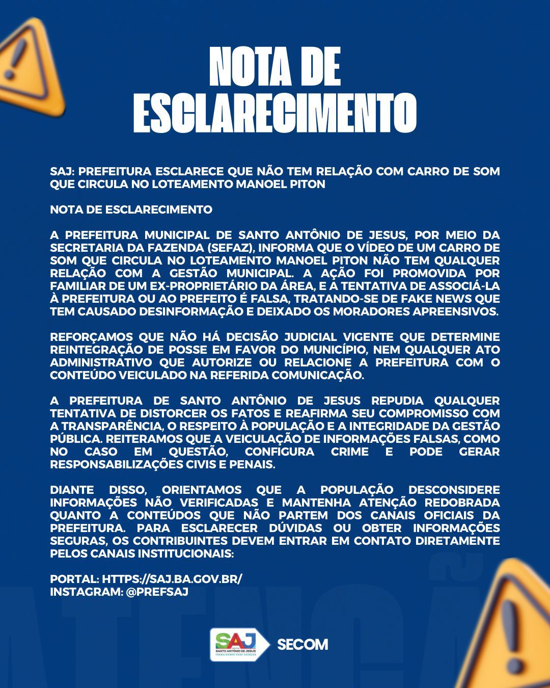 SAJ: Prefeitura esclarece que não tem relação com carro de som que circula no loteamento Manoel Piton – Prefeitura de Santo Antônio de Jesus - BA