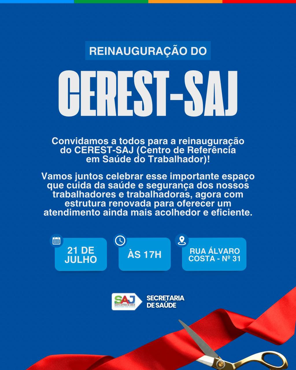 SAJ: Prefeitura informa sobre alteração na data da reinauguração do Centro de Referência em Saúde do Trabalhador (CEREST-SAJ) – Prefeitura de Santo Antônio de Jesus - BA