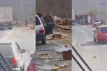 Carreta carregada com óleo de cozinha tomba na BA-026, no Vale do Jiquiriçá