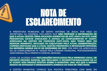 NOTA DE ESCLARECIMENTO – Prefeitura de Santo Antônio de Jesus - BA