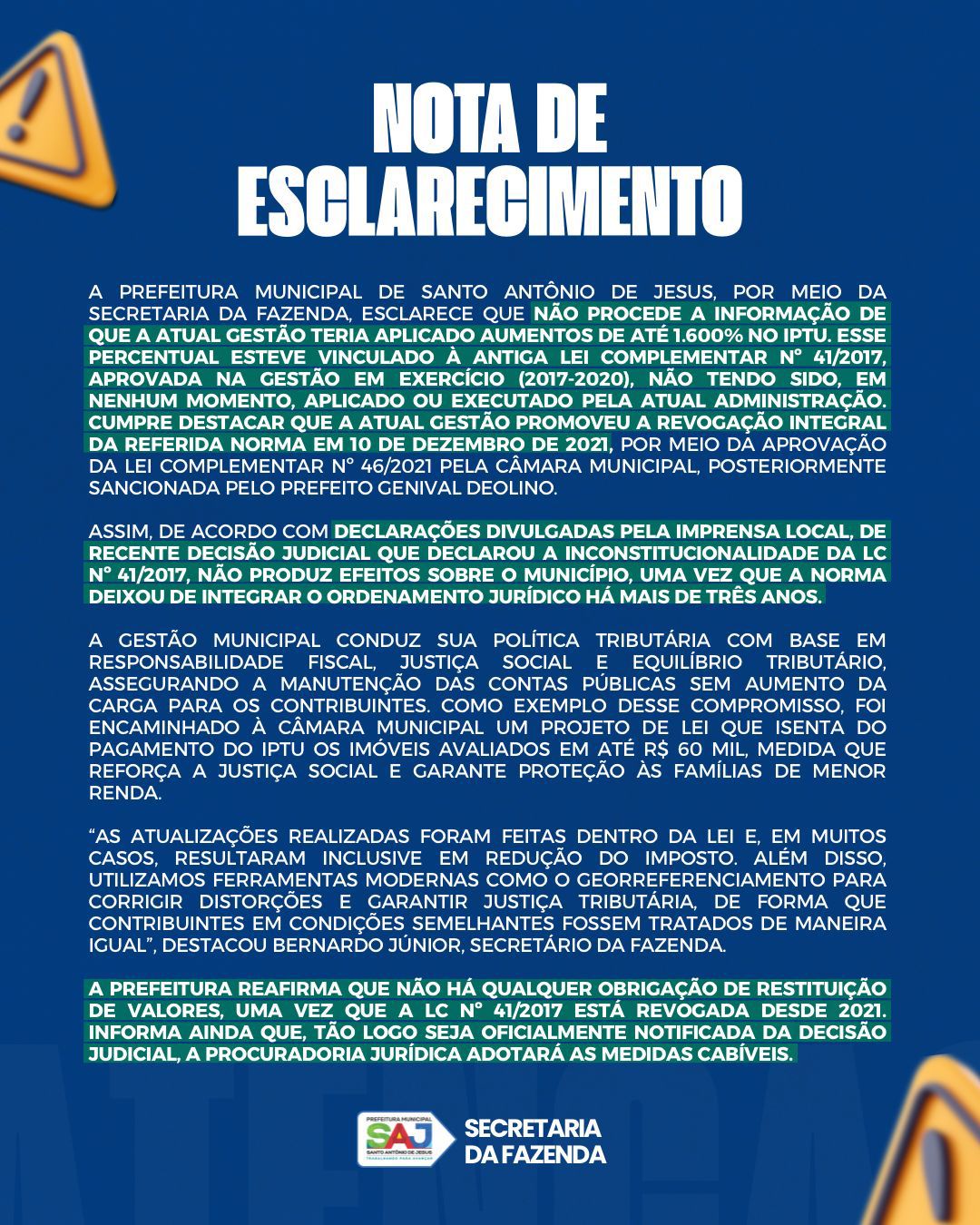 NOTA DE ESCLARECIMENTO – Prefeitura de Santo Antônio de Jesus - BA