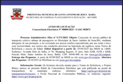 Prefeitura de Santo Antônio de Jesus realiza licitação para escolha da nova concessionária de transporte coletivo urbano – Prefeitura de Santo Antônio de Jesus - BA