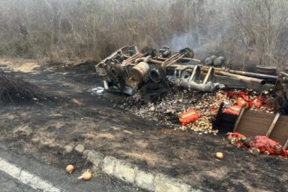 Caminhão capota e pega fogo na BA-026, entre Maracás e Nova Itarana