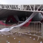 Vento de 95 km/h derruba estrutura e deixa um morto em festa universitária