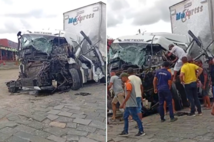 Colisão entre carretas provoca congestionamento e deixa motorista ferido na BR-116, entre Jequié e Jaguaquara
